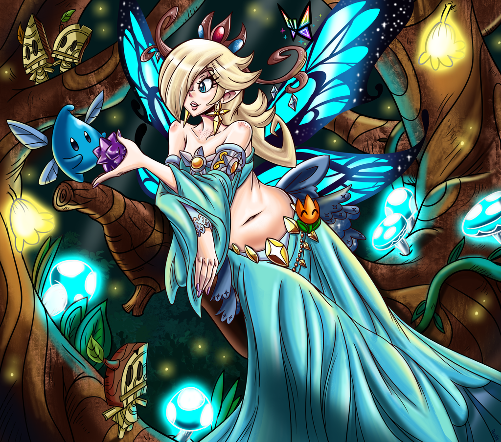 1girl aqua_dress bare_shoulders belly blonde_hair blue_eyes breasts bug butterfly butterfly_wings centaurengine chiko_(mario) collarbone crown curvy dress eyebrows_visible_through_hair fairy forest freckles gem hair_over_one_eye insect jewelry leaning_on_object lips long_hair long_sleeves looking_at_another super_mario_bros. medium_breasts nature navel parted_lips plump rosetta_(mario) sparkle star star_(sky) strapless strapless_dress super_mario super_mario_3d_world super_mario_galaxy wings