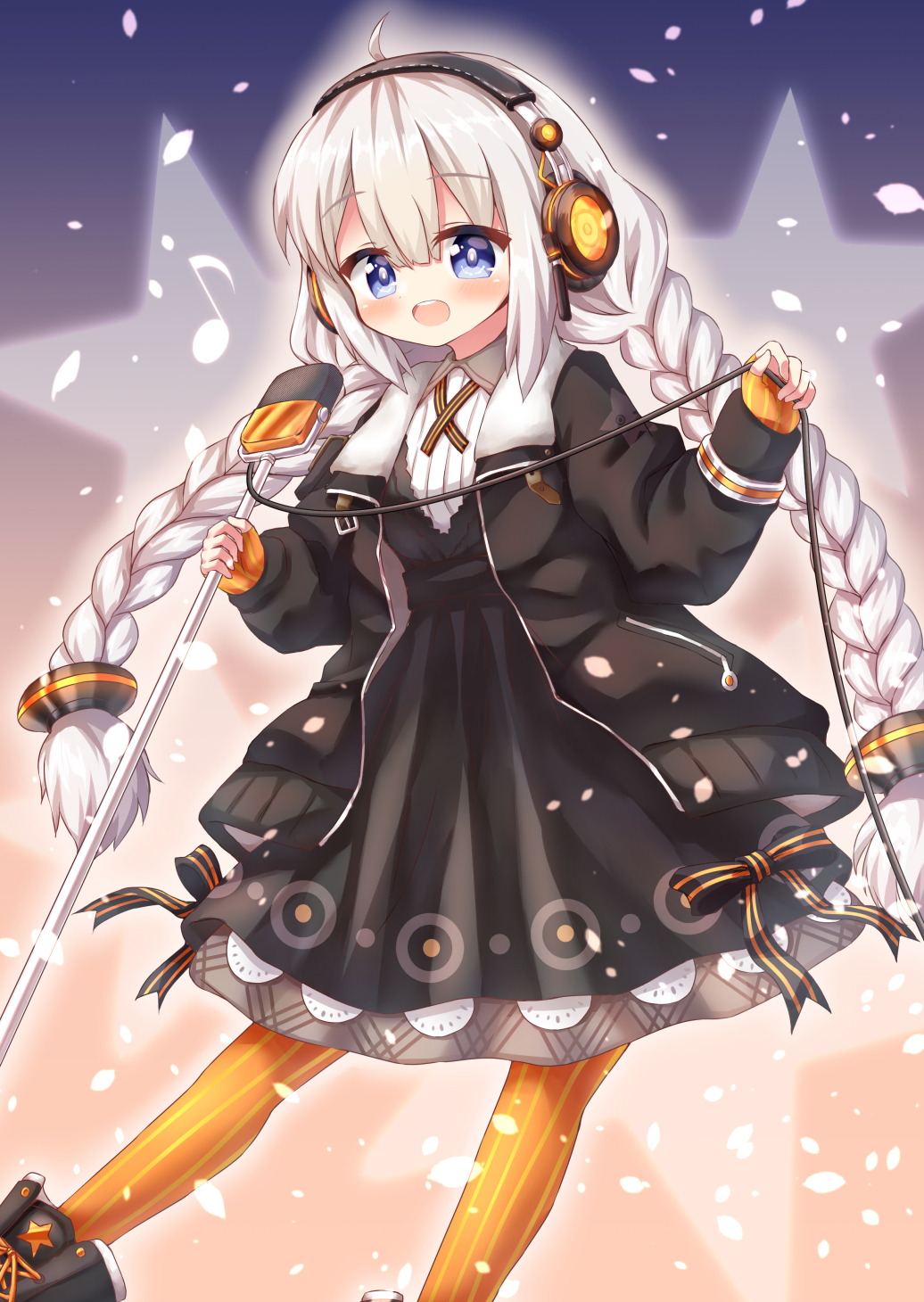 1girl :d ahoge bangs black_bow black_dress black_footwear black_jacket blue_eyes blush boots bow braid collared_dress commentary_request dress eighth_note eyebrows_visible_through_hair fingerless_gloves gloves hair_between_eyes highres holding holding_microphone jacket kizuna_akari long_hair long_sleeves looking_at_viewer low_twintails microphone musical_note open_clothes open_jacket open_mouth orange_gloves orange_legwear pantyhose puffy_long_sleeves puffy_sleeves silver_hair sleeves_past_wrists smile solo star striped striped_bow striped_legwear twin_braids twintails upper_teeth vertical-striped_gloves vertical-striped_legwear vertical_stripes very_long_hair vocaloid voiceroid waste_(arkaura)