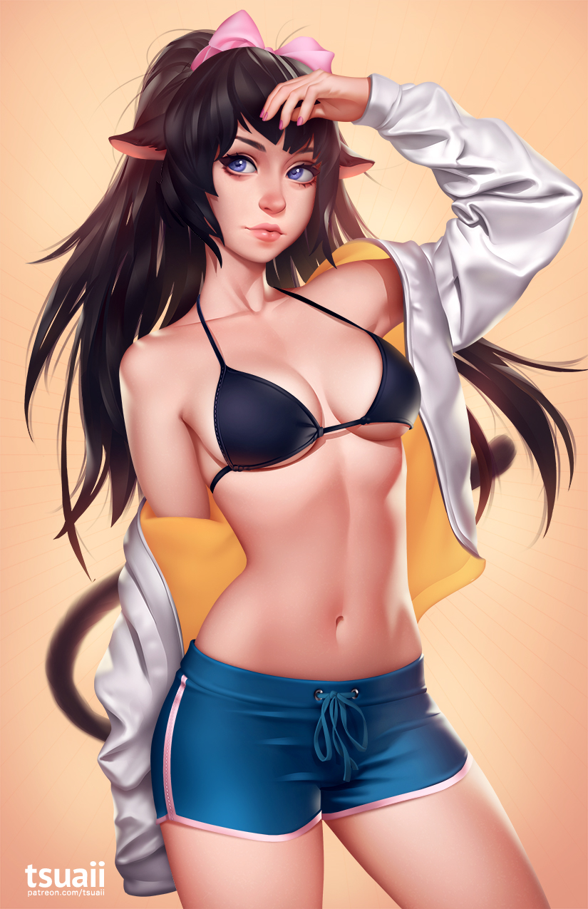 1girl animal_ears arm_up artist_name bangs bare_shoulders bikini_top black_bikini_top black_hair blue_eyes blue_ribbon blue_shorts blush borrowed_character bow boyshorts breasts brown_hair cat_ears cleavage closed_mouth collarbone commission cowboy_shot gradient gradient_background hair_bow hand_on_own_head highres jacket jonathan_hamilton lips long_hair long_sleeves looking_at_viewer medium_breasts nail_polish navel off_shoulder open_clothes open_jacket orange_background original pink_bow pink_nails ponytail ribbon shorts sleeves_past_fingers solo standing stomach string_bikini thighs watermark web_address white_jacket