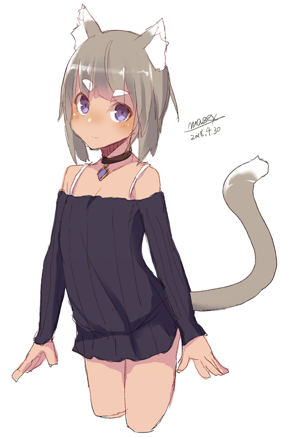 1girl animal_ears bare_shoulders black_choker black_sweater breasts brown_hair cat_ears cat_girl cat_tail choker cleavage collarbone cowboy_shot cropped_legs dated long_sleeves looking_at_viewer maze_(gochama_ze_gohan) off-shoulder_sweater original ribbed_sweater signature simple_background sketch small_breasts solo sweater tail white_background