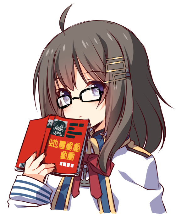 1girl ahoge azur_lane bespectacled black_hair blue_eyes book glasses hair_ornament hairclip jiang-ge looking_at_viewer portrait simple_background solo tai_yuan_(azur_lane) translation_request white_background