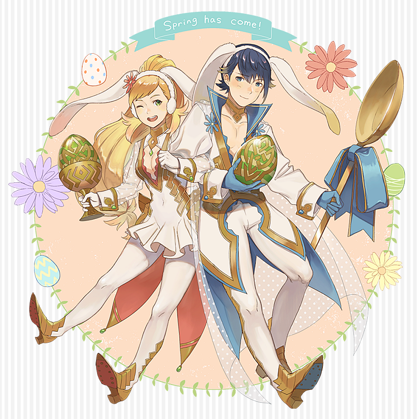 ! 1boy 1girl alfonse_(fire_emblem) alternate_costume animal_ears blonde_hair blue_eyes blue_hair blush boots bow breasts brother_and_sister cleavage covered_navel earmuffs egg fire_emblem fire_emblem_heroes flower green_eyes kyufe leaf long_hair multicolored_hair one_eye_closed open_mouth pink_hair ponytail rabbit_ears sharena siblings thigh-highs two-tone_hair