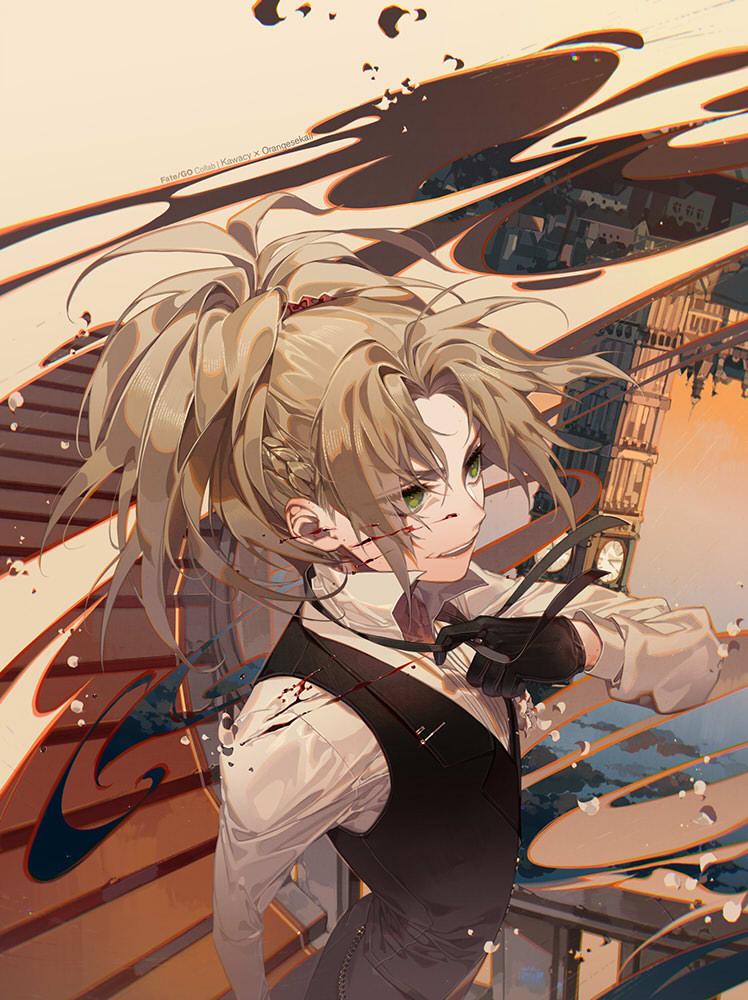 1girl arm_up artist_name black_gloves black_vest blood braid city clock clock_tower collared_shirt elizabeth_tower fate/apocrypha fate_(series) formal french_braid from_side gloves green_eyes kawacy landmark london long_hair long_sleeves mordred_(fate) mordred_(fate)_(all) parted_lips ponytail railing shirt smile solo stairs suit surreal tower tsurime upper_body v-shaped_eyebrows vest white_shirt