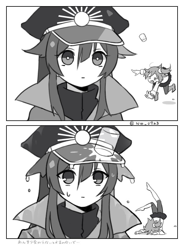 2girls chaldea_uniform comic commentary_request cup dripping fallen_down falling family_crest fate/grand_order fate_(series) fujimaru_ritsuka_(female) greyscale hair_ornament hair_scrunchie hat long_hair military_hat monochrome multiple_girls nm_0923 oda_nobunaga_(fate) oda_uri peaked_cap scrunchie side_ponytail skirt spilling tripped water wet wet_clothes