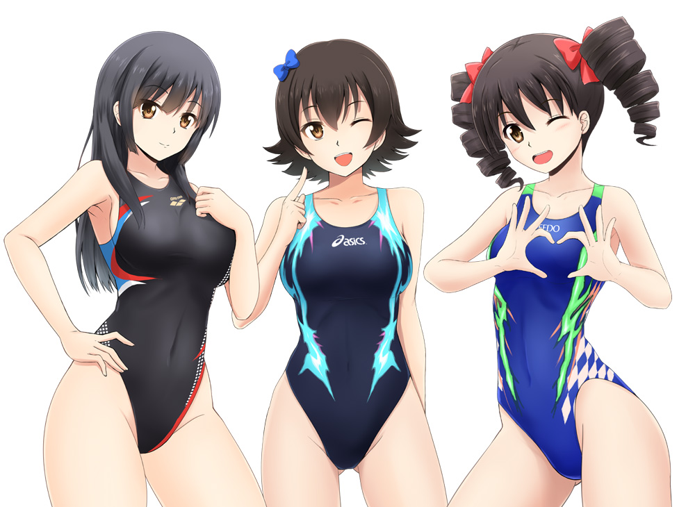 3girls arena_(company) asics ass_visible_through_thighs black_hair black_swimsuit blue_bow blue_swimsuit bow brown_eyes competition_swimsuit contrapposto covered_navel cowboy_shot drill_hair flipped_hair fuuma_nagi hair_bow hair_ornament hair_ribbon heart heart_hands long_hair looking_at_viewer multiple_girls one-piece_swimsuit one_eye_closed open_mouth original red_ribbon ribbon short_hair simple_background smile solo speedo_(company) standing swimsuit twin_drills twintails white_background