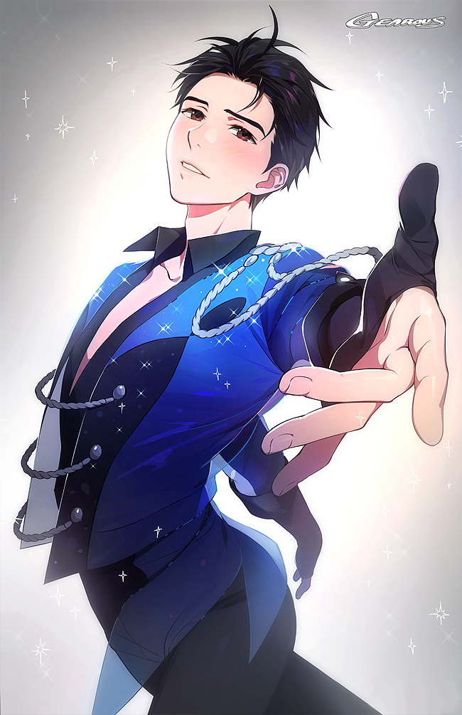 1boy artist_name black_hair brown_eyes collared_shirt epaulettes gearous hair_slicked_back katsuki_yuuri male_focus open_clothes open_shirt outstretched_hand parted_lips shirt sparkle yuri!!!_on_ice