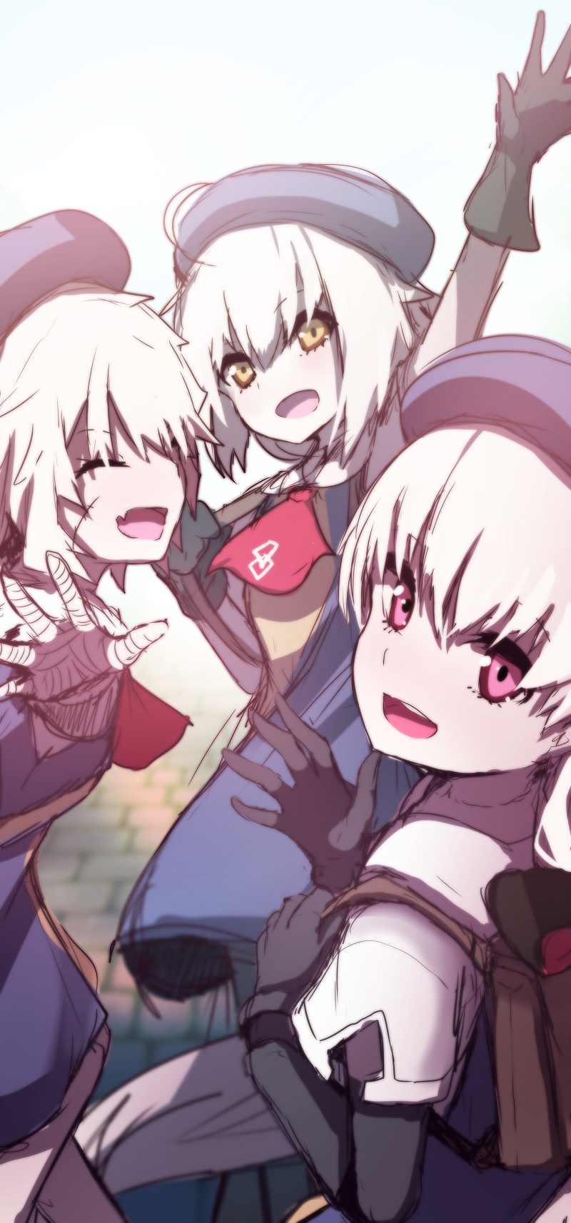 3girls :d ^_^ arm_up ascot backpack bag bandage bandaged_arm bangs beret black_gloves black_hat blue_dress capelet closed_eyes doll_joints dress elbow_gloves eyebrows_visible_through_hair facial_scar fang fate/extra fate/grand_order fate_(series) gloves hair_between_eyes hat highres jack_the_ripper_(fate/apocrypha) jeanne_d'arc_(fate)_(all) jeanne_d'arc_alter_santa_lily multiple_girls nursery_rhyme_(fate/extra) open_mouth outstretched_arm red_neckwear scar scar_on_cheek school_uniform silver_hair sketch sleeveless sleeveless_dress smile upper_teeth violet_eyes wada_kazu white_capelet yellow_eyes