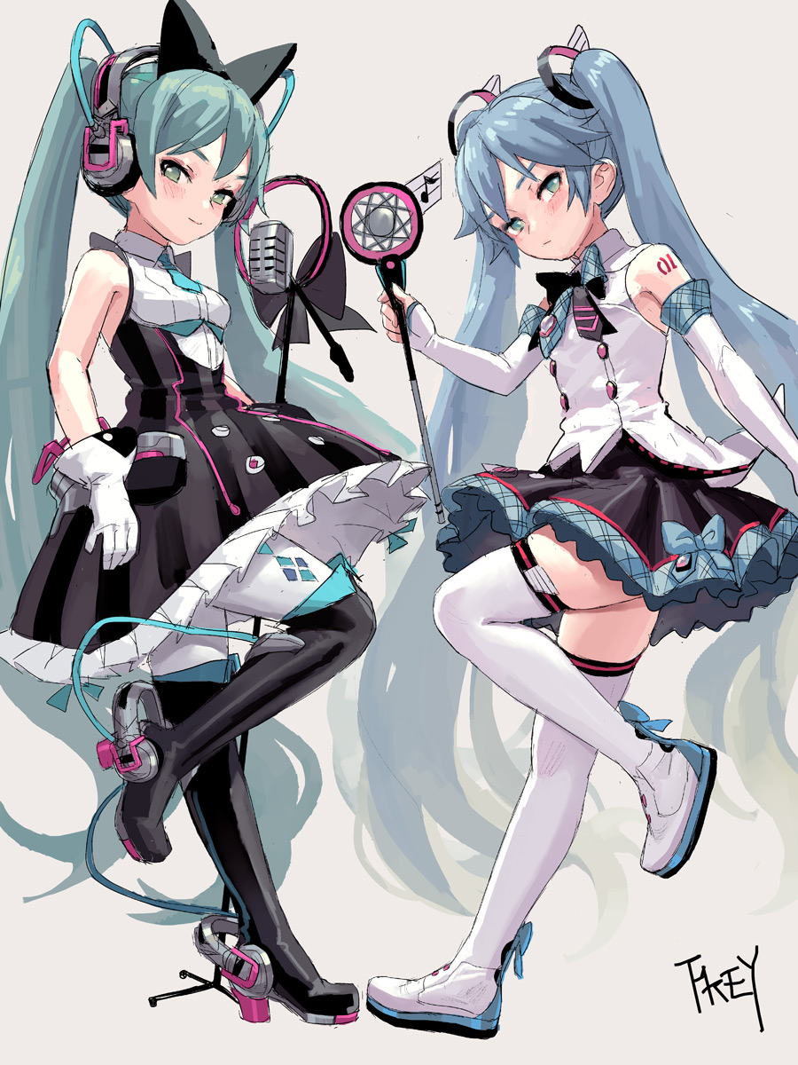 2girls aqua_eyes aqua_hair aqua_neckwear artist_name bare_shoulders beige_background black_bow black_footwear black_skirt blue_bow blue_hair blush boots bow breasts cable chinese_commentary commentary_request detached_sleeves dress dual_persona eighth_note fkey full_body gloves hair_bow hatsune_miku headphones high_heel_boots high_heels highres holding long_hair looking_at_viewer medium_breasts miniskirt multiple_girls musical_note necktie pantyhose petticoat pleated_skirt signature simple_background skirt sleeveless sleeveless_dress smile standing standing_on_one_leg tattoo thigh-highs thigh_boots thighs twintails very_long_hair vest vocaloid white_footwear white_gloves white_legwear white_vest wing_collar zettai_ryouiki