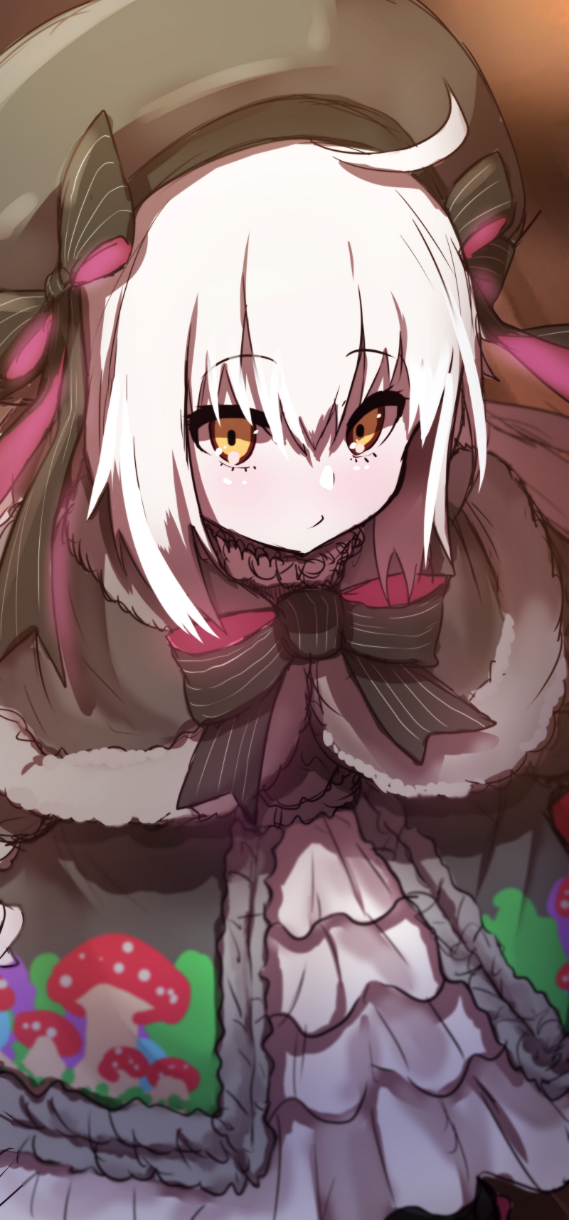 1girl ahoge bangs beret black_bow black_capelet black_dress black_hat blush bow brown_eyes capelet closed_mouth commentary_request cosplay dress eyebrows_visible_through_hair fate/extra fate/grand_order fate_(series) food_print fur-trimmed_capelet fur_trim gothic_lolita hair_between_eyes hat hat_bow highres jeanne_d'arc_(fate)_(all) jeanne_d'arc_alter_santa_lily lolita_fashion long_hair looking_at_viewer mushroom_print nursery_rhyme_(fate/extra) nursery_rhyme_(fate/extra)_(cosplay) print_dress silver_hair solo striped striped_bow wada_kazu