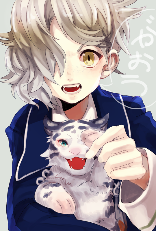 1boy blonde_hair fangs gokotai gokotai's_tigers hair_over_one_eye looking_at_viewer male_focus occonal open_mouth tiger tiger_cub touken_ranbu white_tiger yellow_eyes