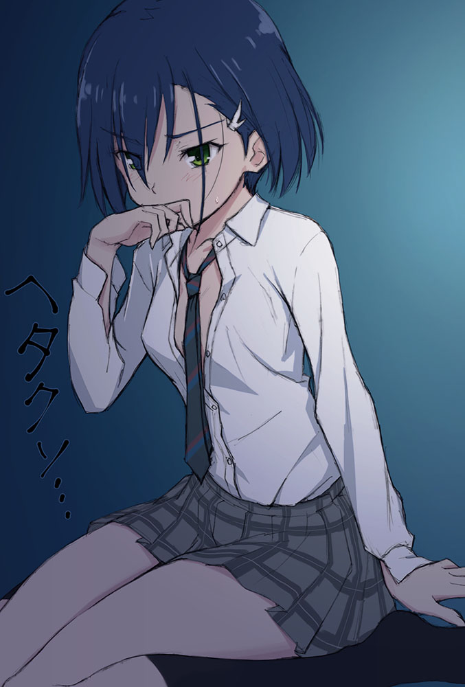 1girl asymmetrical_bangs bangs black_legwear blue_background blue_hair blush collared_shirt darling_in_the_franxx dress_shirt eyebrows_visible_through_hair flat_chest gradient gradient_background green_eyes grey_skirt hair_ornament hair_over_one_eye hairclip hand_on_own_face hand_up ichigo_(darling_in_the_franxx) kneehighs long_sleeves michi miniskirt necktie no_bra no_shoes partially_unbuttoned plaid plaid_skirt pleated_skirt shirt short_hair sitting skirt solo striped_neckwear translation_request v-shaped_eyebrows wariza wing_collar