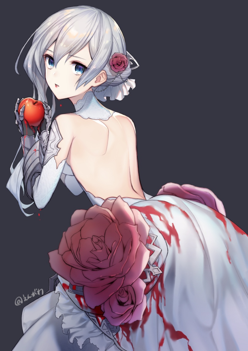 1girl apple arched_back ass asymmetrical_hair backless_outfit bangs bare_shoulders blood blood_stain blue_eyes breasts dress engawa343 flower food fruit gauntlets gloves hair_between_eyes hair_bun hair_flower hair_ornament holding holding_fruit looking_at_viewer medium_breasts open-back_dress red_apple red_flower red_rose rose sidelocks silver_hair sinoalice snow_white_(sinoalice) solo standing white_dress