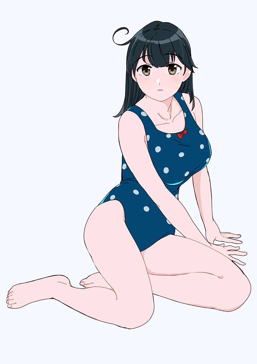 1girl ahoge barefoot black_hair blue_swimsuit breasts full_body kantai_collection large_breasts long_hair looking_at_viewer ojipon one-piece_swimsuit polka_dot polka_dot_swimsuit school_swimsuit simple_background sitting solo swimsuit ushio_(kantai_collection) white_background