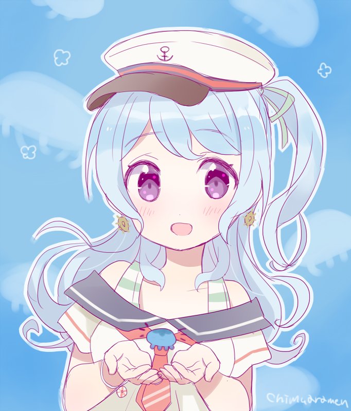 1girl :d anchor_symbol aqua_ribbon bang_dream! bangs blue_background blue_hair blush bow bowtie bracelet cupping_hands earrings eyebrows_visible_through_hair hair_ribbon hat jellyfish jewelry long_hair looking_at_viewer matsubara_kanon miyuara one_side_up open_mouth outline peaked_cap red_neckwear ribbon sailor_collar short_sleeves smile solo twitter_username upper_body violet_eyes