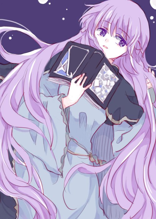 1girl book dress fire_emblem fire_emblem:_fuuin_no_tsurugi holding holding_book kitano_373 long_hair looking_at_viewer lying purple_hair sofiya solo violet_eyes