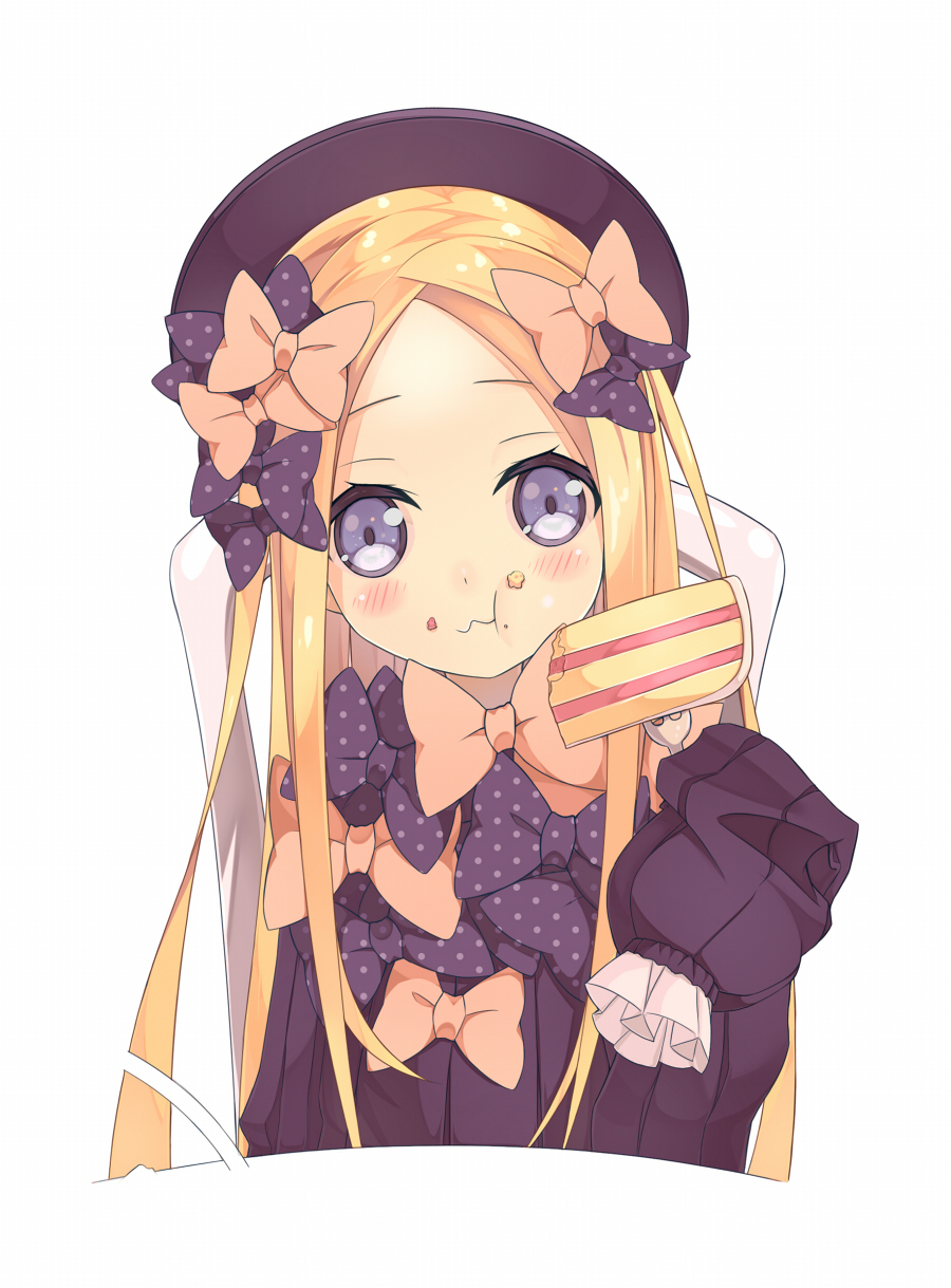 1girl :t abigail_williams_(fate/grand_order) aiee bangs black_bow black_dress black_hat blonde_hair blue_eyes blush bow bug butterfly cake chair closed_mouth commentary_request dress eating fate/grand_order fate_(series) food food_on_face forehead fork hair_bow hat head_tilt highres holding holding_fork insect long_hair long_sleeves looking_at_viewer on_chair orange_bow parted_bangs polka_dot polka_dot_bow simple_background sitting sleeves_past_fingers sleeves_past_wrists slice_of_cake solo very_long_hair wavy_mouth white_background