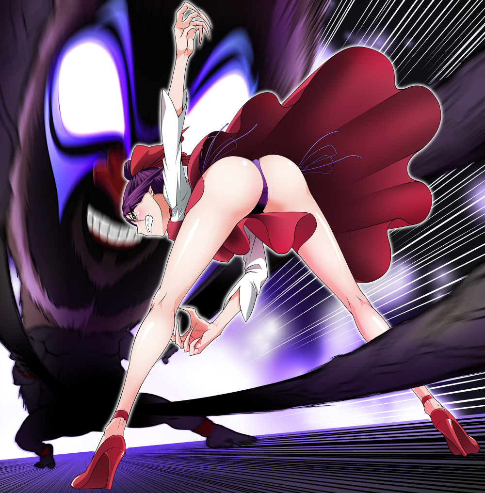1girl ass bare_legs battle bent_over blush bow breasts cat_girl clenched_teeth dress fighting_stance fingernails frilled_skirt frills from_behind from_below gegege_no_kitarou high_heels legs long_sleeves nekomusume panties pantyshot pantyshot_(standing) purple_hair purple_panties red_bow red_dress sharp_fingernails sharp_teeth shiny shiny_skin side-tie_panties skirt standing teeth underwear upskirt wind wind_lift