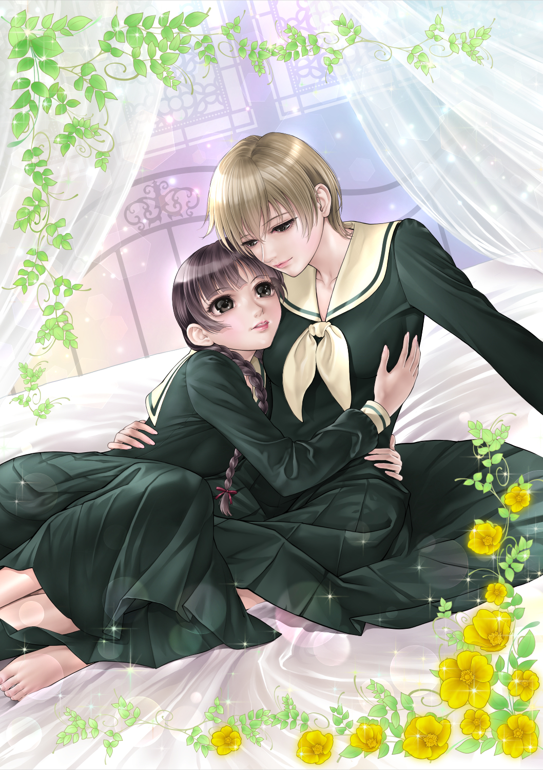 2girls barefoot bed_sheet black_eyes blonde_hair braid brown_eyes brown_hair closed_mouth curtains dutch_angle flower gradient gradient_background green_serafuku green_skirt hasekura_rei highres hug leaf light_smile long_hair long_sleeves maria-sama_ga_miteru multiple_girls nijigin open_mouth plant pleated_skirt puffy_long_sleeves puffy_sleeves rose school_uniform serafuku shimazu_yoshino short_hair sitting skirt sparkle touching very_short_hair vines yellow_flower yellow_rose yuri