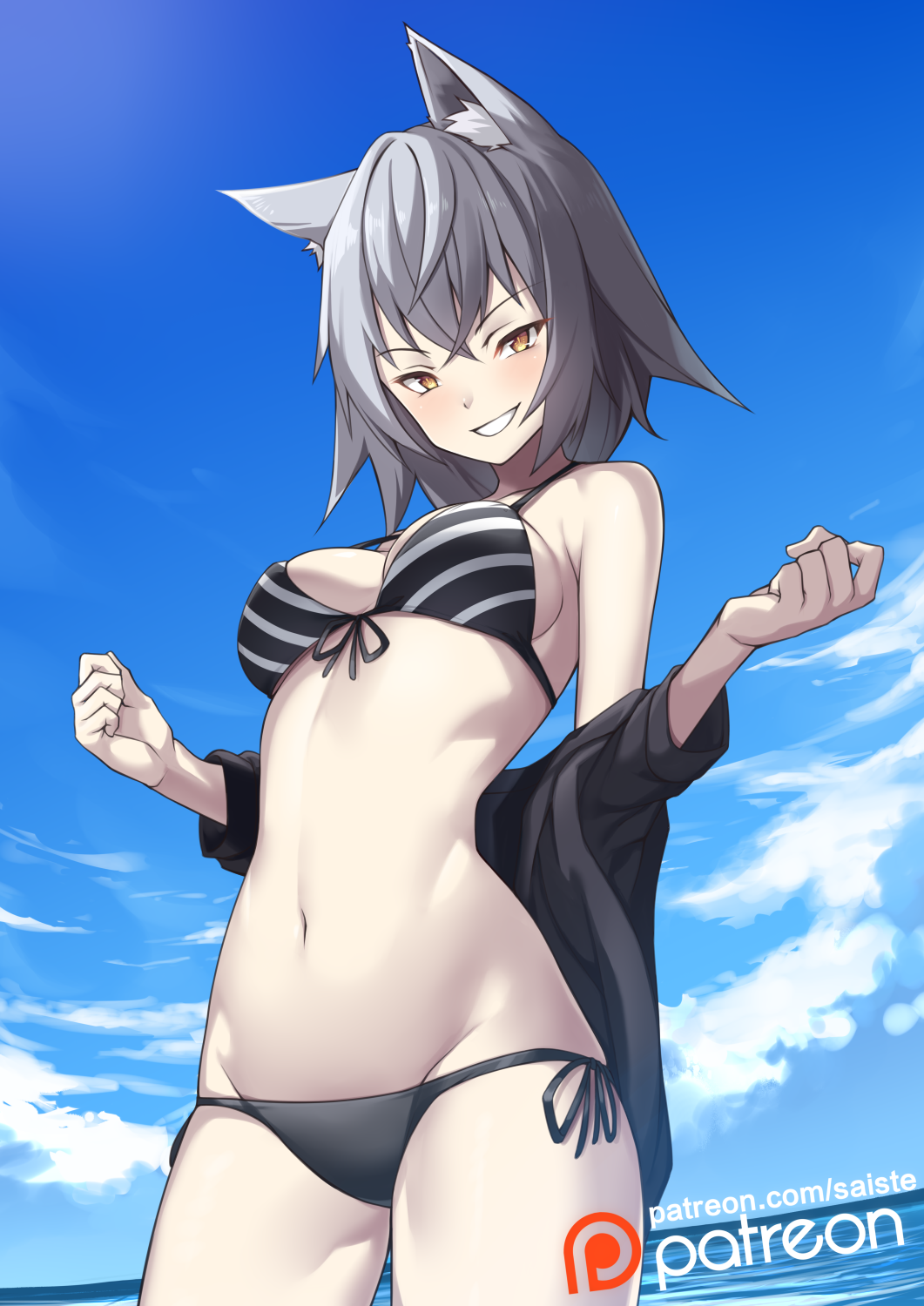 1girl animal_ears bikini black_bikini blue_sky breasts clouds cowboy_shot day green_eyes grin highres looking_at_viewer medium_breasts navel original outdoors patreon_logo patreon_username saiste short_hair side-tie_bikini sky smile solo striped_bikini_top swimsuit yellow_eyes