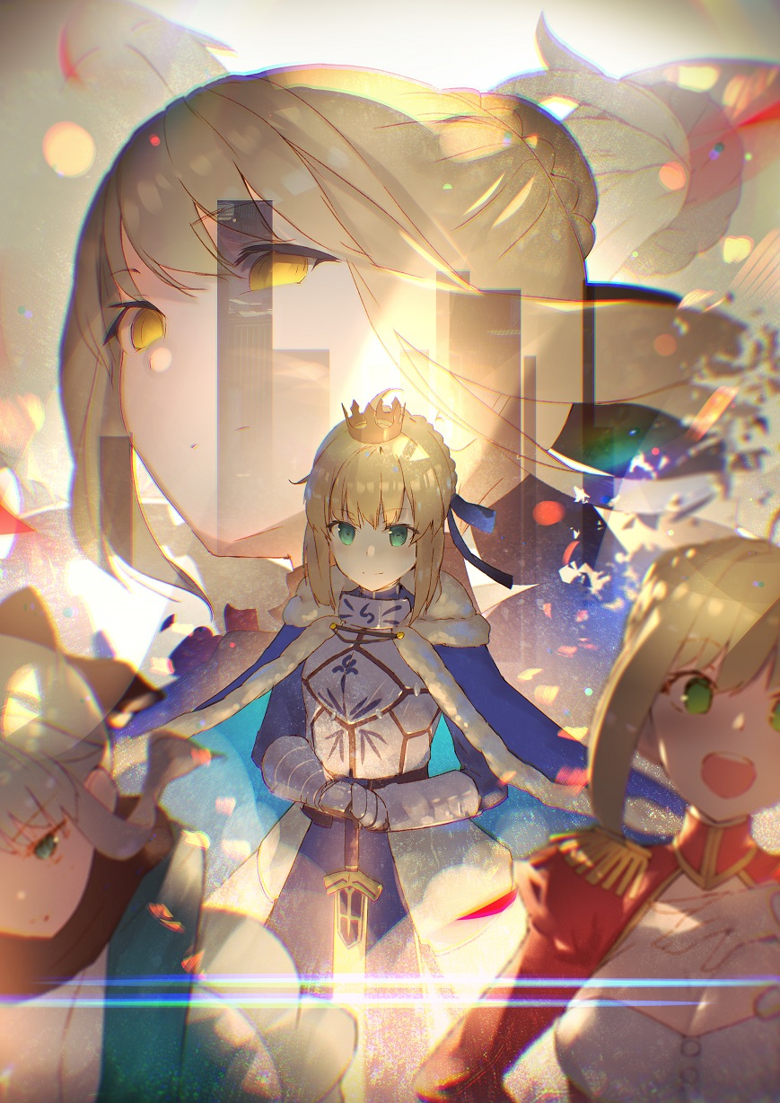 4girls :d armor armored_dress artoria_pendragon_(all) bangs black_scarf blonde_hair blue_bow blue_cloak blue_dress bow braid breasts cleavage closed_mouth commentary_request crown dress enj! epaulettes eyebrows_visible_through_hair fate/extra fate/grand_order fate/stay_night fate_(series) fur-trimmed_cloak fur_trim gauntlets green_eyes hair_bow hair_bun hands_on_hilt haori highres japanese_clothes juliet_sleeves kimono koha-ace large_breasts long_sleeves multiple_girls nero_claudius_(fate) nero_claudius_(fate)_(all) okita_souji_(fate) open_mouth planted_sword planted_weapon puffy_sleeves red_dress saber saber_alter scarf smile sword upper_teeth weapon white_kimono yellow_eyes