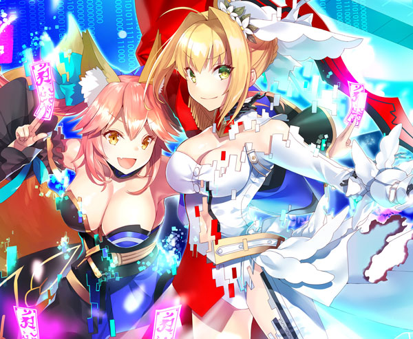 2girls :d aestus_estus ahoge animal_ears bare_shoulders between_fingers blonde_hair blue_kimono blush breasts cleavage closed_mouth commentary_request detached_collar detached_sleeves digital_dissolve fang fate/extra fate_(series) fox_ears fox_girl fox_tail gloves hair_intakes holding holding_sword holding_weapon japanese_clothes kagachi_saku kimono large_breasts leotard long_sleeves multiple_girls navel nero_claudius_(bride)_(fate) nero_claudius_(fate)_(all) ofuda open_mouth pink_hair sidelocks smile strapless sword tail tamamo_(fate)_(all) tamamo_no_mae_(fate) veil weapon white_collar white_gloves white_leotard