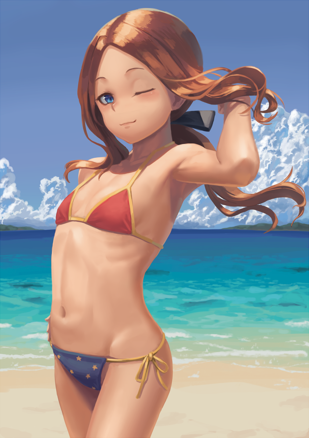 1girl arm_up beach bikini blue_eyes blue_sky blush brown_hair clouds commentary_request cowboy_shot day fate/grand_order fate_(series) flat_chest hair_ribbon highres leonardo_da_vinci_(fate/grand_order) long_hair looking_at_viewer multicolored multicolored_bikini multicolored_clothes navel ocean one_eye_closed outdoors ponytail ranma_(kamenrideroz) ribbon sand shiny shiny_hair shore side-tie_bikini sky smile solo standing star star_print swimsuit water