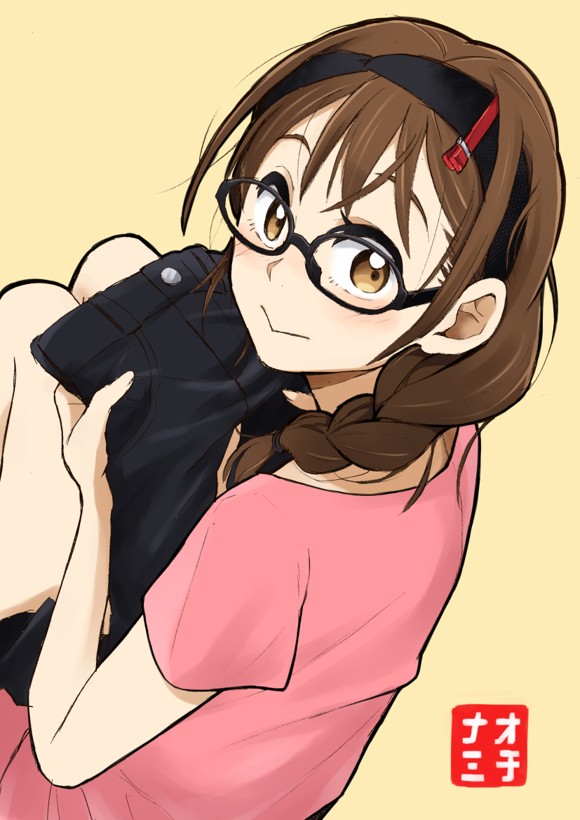 1girl :&gt; bangs black_hairband black_pants blush braid brown_eyes brown_hair closed_mouth crossed_bangs eyebrows fingernails fuku_wo_kiru_nara_konna_fuu_ni hair_between_eyes hair_tie hairband holding holding_clothes io_naomichi long_hair looking_at_viewer pants pink_shirt pocket shirt short_sleeves side_braid simple_background single_braid smile solo t-shirt tamaki_(fuku_wo_kiru_nara_konna_fuu_ni) yellow_background