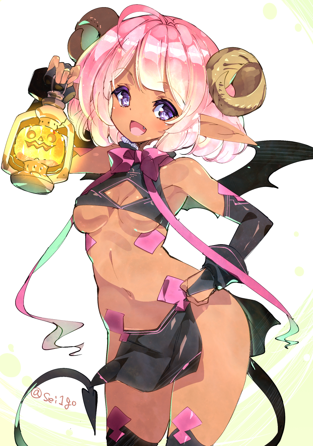 1girl :d ahoge arm_up armpits bangs bare_shoulders black_gloves black_legwear bob_cut bow bowtie breasts breasts_apart bridal_gauntlets character_request cleavage colored_eyelashes commentary_request contrapposto copyright_request covered_collarbone cowboy_shot dark_skin demon_girl demon_horns demon_tail demon_wings dot_nose elbow_gloves eyebrows_visible_through_hair fang fujishima-sei_ichi-gou gloves halloween hand_on_hip head_tilt highres holding_lantern horns lantern looking_at_viewer medium_breasts navel open_mouth pelvic_curtain pink_hair pink_neckwear pointy_ears raised_eyebrows revealing_clothes shiny shiny_hair shiny_skin short_hair sideboob simple_background smile solo standing succubus tail thigh-highs twitter_username under_boob violet_eyes white_background wings