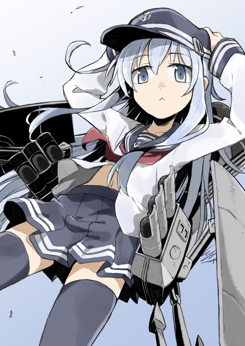 1girl :&lt; anchor anchor_symbol arms_up bangs black_hat black_legwear black_sailor_collar black_skirt blue_eyes blue_hair chains closed_mouth collarbone eyebrows eyebrows_visible_through_hair gradient gradient_background hair_between_eyes hands_on_headwear hat hibiki_(kantai_collection) io_naomichi kantai_collection legs_apart long_hair machinery miniskirt navel neckerchief pleated_skirt red_neckwear roman_numerals sailor_collar school_uniform serafuku shirt shirt_lift skirt solo stomach straight_hair thigh-highs torpedo torpedo_tubes white_shirt zettai_ryouiki