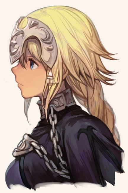 1girl blonde_hair blue_eyes braid breasts chains closed_mouth fate/apocrypha fate_(series) from_side hankuri jeanne_d'arc_(fate) jeanne_d'arc_(fate)_(all) long_hair looking_away solo white_background