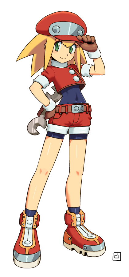 1girl adjusting_headwear bare_legs belt bike_shorts bike_shorts_under_shorts blonde_hair blush brown_gloves buttons capcom covered_navel double_sided_wrench full_body gloves green_eyes hand_on_headwear hand_on_hip hat holding looking_to_the_side muu_(mumumer) red_footwear red_hat red_shorts rockman rockman_dash roll_caskett shoes short_shorts shorts simple_background sleeves_rolled_up smile solo spandex spiky_hair standing white_background wrench