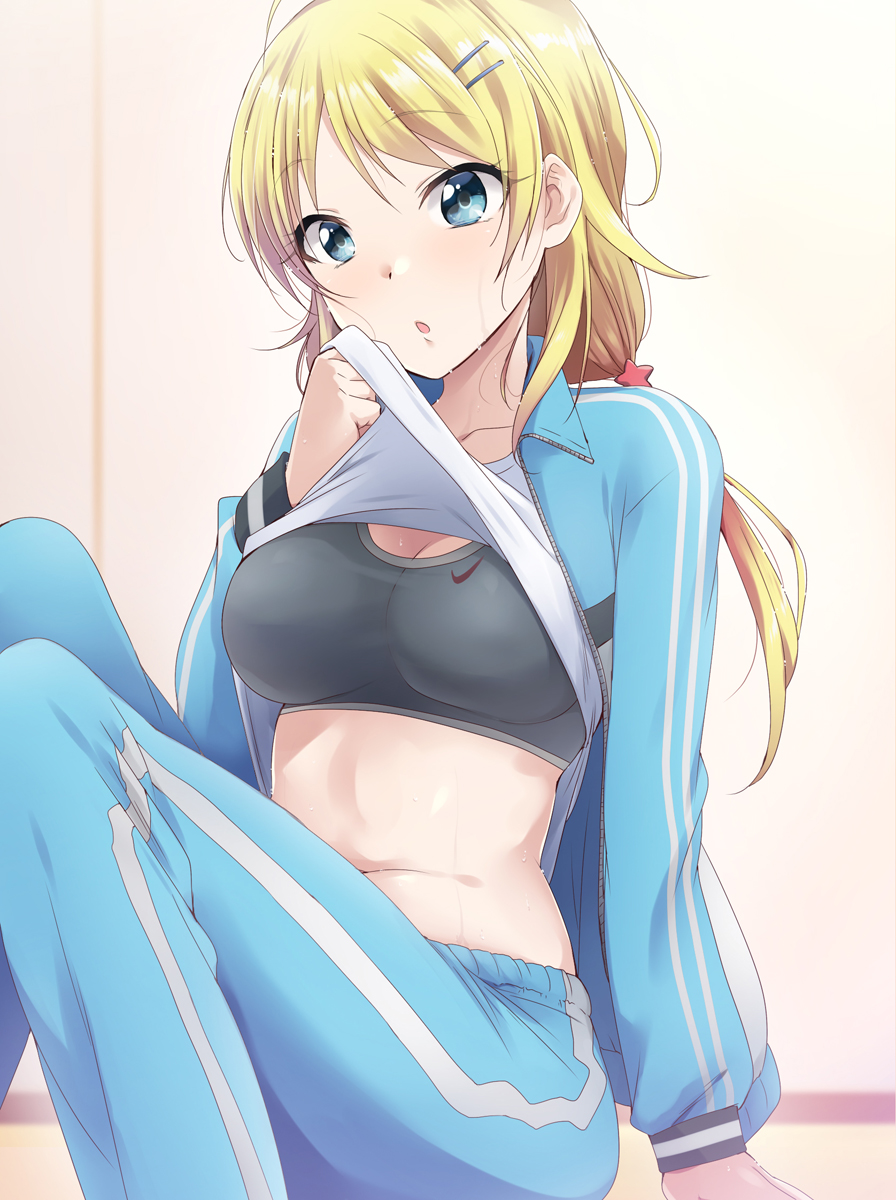 1girl bangs black_bra blonde_hair blue_eyes blue_jacket blush bra breasts collarbone eyebrows_visible_through_hair hachimiya_meguru hair_ornament hairclip highres idolmaster idolmaster_shiny_colors jacket kaiga knees_up large_breasts long_hair looking_at_viewer low_twintails navel open_clothes open_jacket open_mouth shirt shirt_lift sitting solo sports_bra sweat track_suit twintails underwear waist white_shirt wiping_sweat