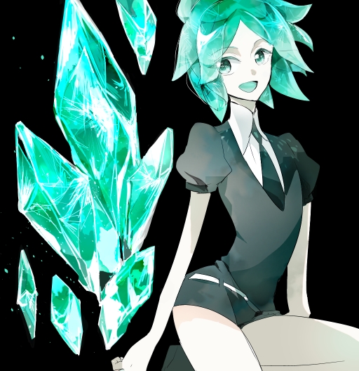 1other black_neckwear black_shorts collared_shirt crystal_hair gem_uniform_(houseki_no_kuni) green_hair houseki_no_kuni necktie phosphophyllite phosphophyllite_(stone) puffy_short_sleeves puffy_sleeves shirt short_hair short_shorts short_sleeves shorts shumiko_(kamenokoueki) smile solo white_shirt