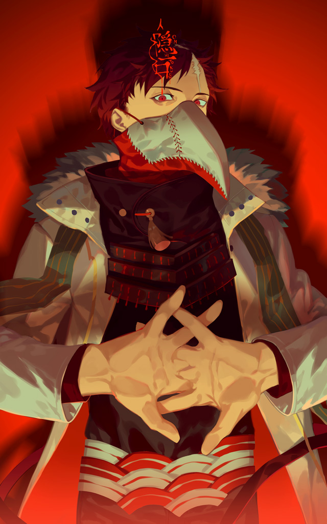 1boy brown_hair coat commentary_request cracking_knuckles fur_trim interlocked_fingers long_sleeves looking_at_viewer male_focus mask open_clothes open_coat original plague_doctor_mask red_background red_eyes scar shadow solo tassel upper_body white_coat yamakawa