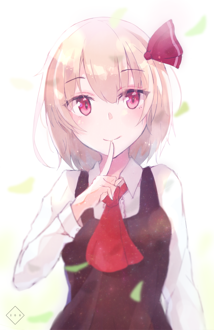 1girl ascot bangs blonde_hair blurry blush breasts commentary depth_of_field dress_shirt eyebrows_visible_through_hair finger_to_mouth focused frills hair_between_eyes hair_ribbon hand_up hyakunin_momoko leaf lens_flare light long_sleeves red_eyes red_neckwear red_ribbon ribbon rumia shiny shiny_hair shirt short_hair signature simple_background small_breasts smile solo tareme touhou upper_body vest white_background white_shirt wing_collar