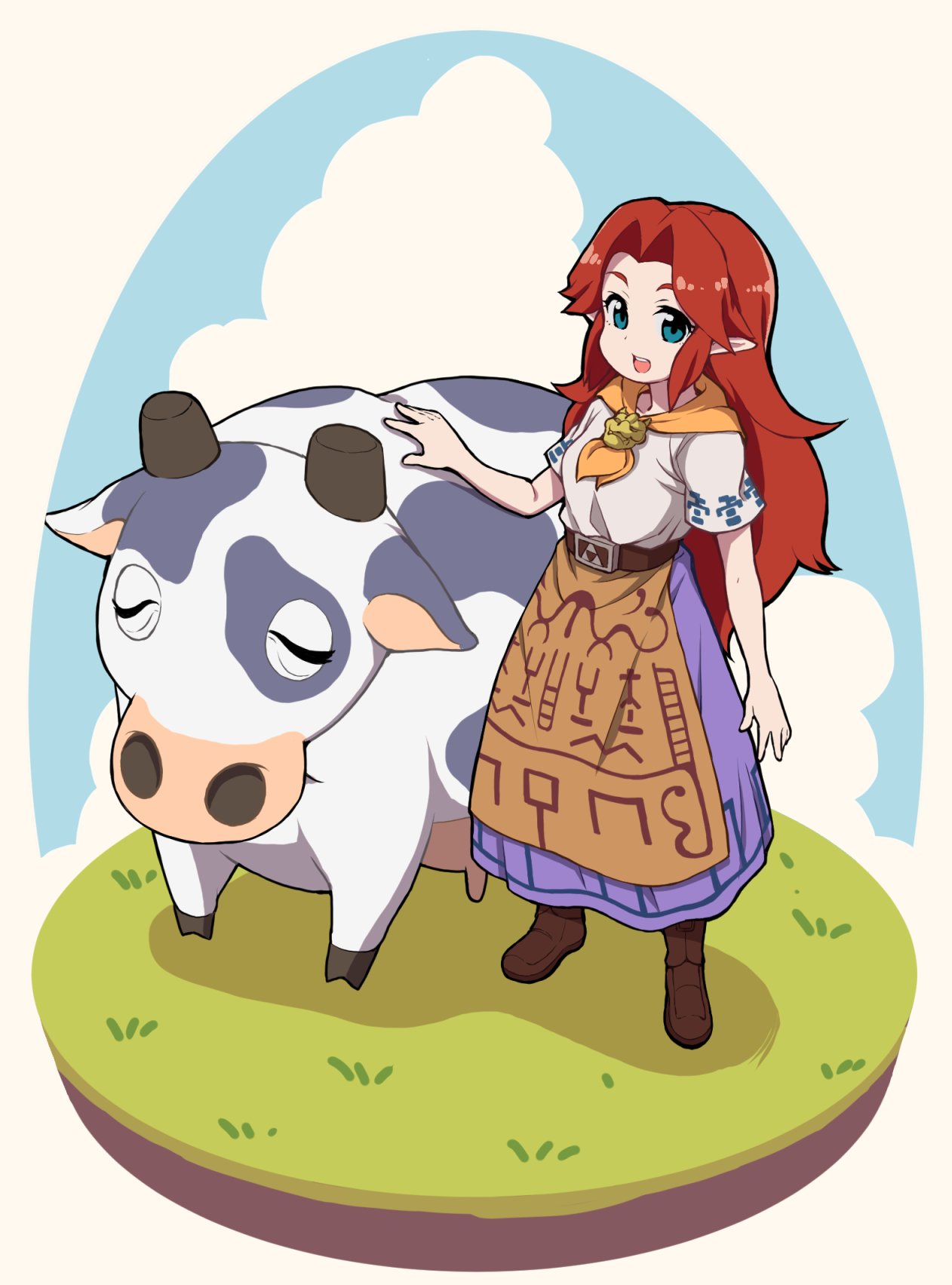1girl :d animal arm_at_side bare_arms belt blue_eyes blue_sky boots brown_belt brown_footwear clouds cow eyebrows grass hair_intakes highres legs_apart long_hair long_skirt malon nazonazo_(nazonazot) open_mouth pointy_ears purple_skirt redhead shadow shirt short_sleeves skirt sky smile solo standing teeth the_legend_of_zelda the_legend_of_zelda:_ocarina_of_time triforce white_shirt