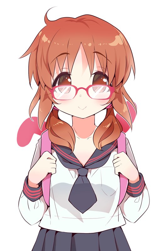 :&gt; abe_nana backpack bag bangs black_skirt blush brown_eyes brown_hair glasses idolmaster idolmaster_cinderella_girls jewelry long_hair looking_at_viewer low_twintails necklace red-framed_eyewear sailor_collar school_uniform serafuku shirt sidelocks skirt smile solo symbol-shaped_pupils twintails usoneko white_background white_shirt