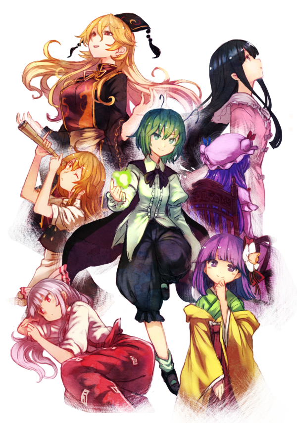 6+girls antennae black_hair blonde_hair bow chinese_clothes flower fujiwara_no_mokou green_eyes green_hair hair_bow hair_flower hair_ornament hair_ribbon hat hieda_no_akyuu hime_cut houraisan_kaguya japanese_clothes junko_(touhou) kimono kirisame_marisa long_hair mob_cap multiple_girls patchouli_knowledge purple_hair red_eyes ribbon simple_background tabard terrajin touhou very_long_hair violet_eyes white_background white_hair wriggle_nightbug yellow_eyes