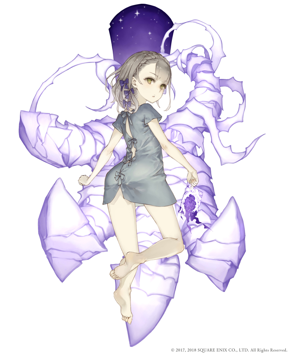 1girl bare_legs barefoot blonde_hair braid briar_rose_(sinoalice) eyebrows_visible_through_hair full_body giant_hand hair_ribbon highres holding_letter hospital_gown jino letter looking_at_viewer official_art pale_skin ribbon sinoalice sky soles solo star_(sky) starry_sky white_background yellow_eyes