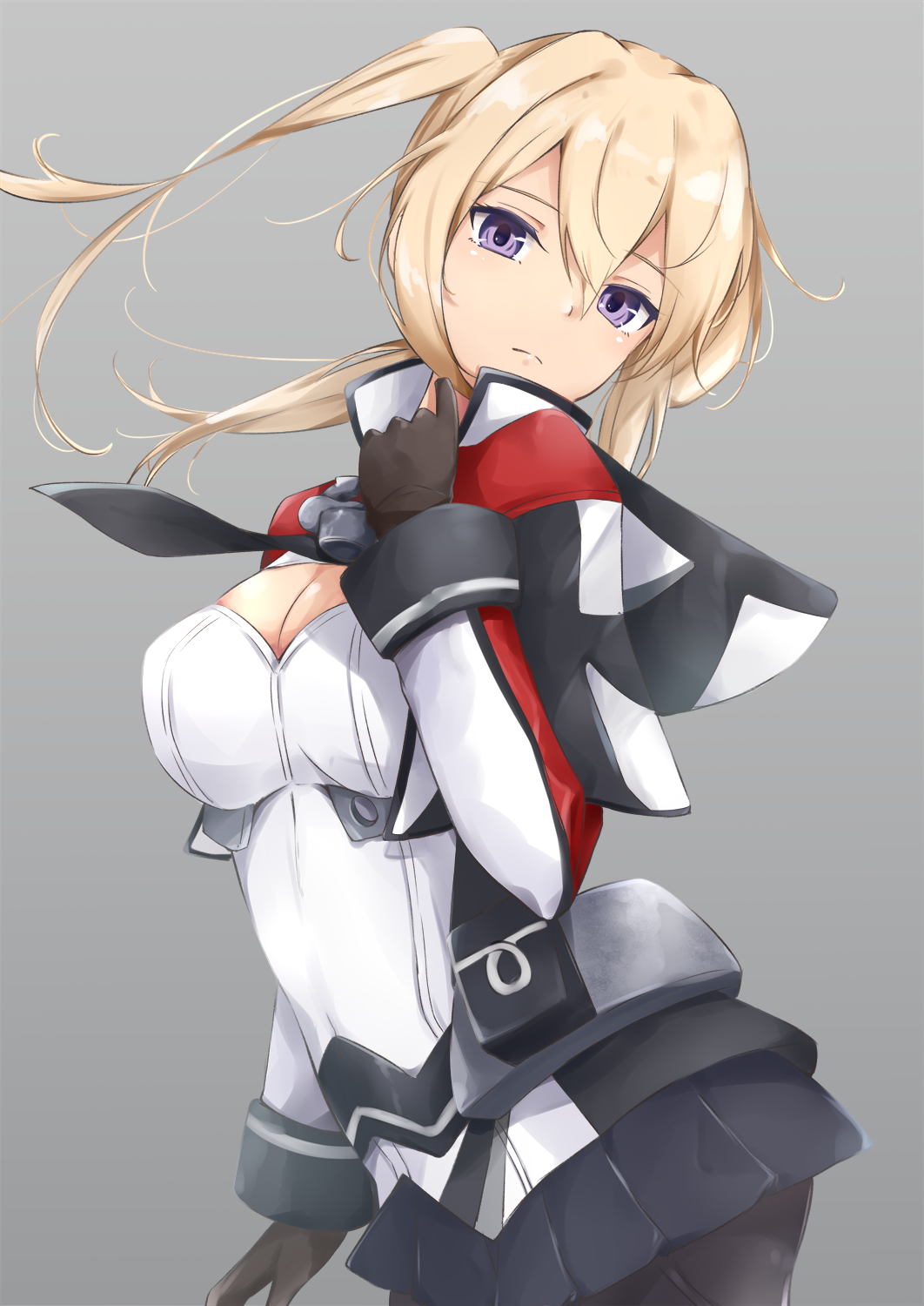 1girl arm_at_side bangs black_gloves black_legwear blonde_hair blush breasts capelet cleavage closed_mouth cross floating_hair gloves graf_zeppelin_(kantai_collection) grey_background hair_between_eyes hand_up head_tilt highres hoshimiya_mashiro impossible_clothes jacket kantai_collection large_breasts long_hair looking_at_viewer military military_uniform miniskirt multiple_girls necktie pantyhose pleated_skirt sidelocks simple_background skirt smile solo tsurime twintails uniform violet_eyes wind wind_lift
