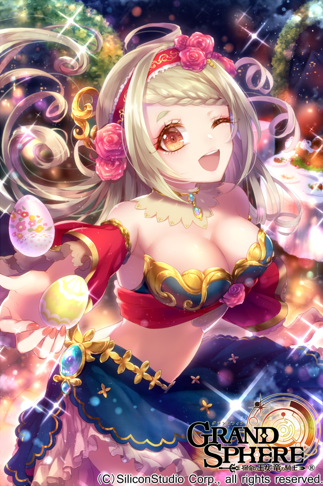 1girl ;d arm_warmers azalea4 bad_arm bare_shoulders blonde_hair blue_skirt braid breasts brown_eyes cleavage copyright_name egg flower grand_sphere hair_flower hair_ornament hairband large_breasts long_hair midriff nail_polish official_art one_eye_closed open_mouth pink_nails red_eyes red_hairband skirt smile solo sparkle standing very_long_hair watermark
