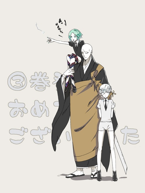 1boy 2others androgynous antarcticite bald black_gloves closed_eyes comic gem_uniform_(houseki_no_kuni) gloves green_hair houseki_no_kuni japanese_clothes kesa kongou_sensei mawaregimi necktie phosphophyllite sandals shirt short_hair short_sleeves shorts sitting_on_shoulder smile striped striped_legwear white_hair