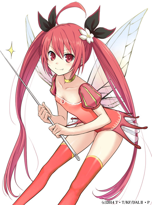 1girl ahoge black_ribbon blush breasts butterfly_wings choker cleavage collarbone date_a_live eyebrows_visible_through_hair fang_out flower hair_between_eyes hair_flower hair_ornament hair_ribbon holding itsuka_kotori konoe_(fogtracks) leotard long_hair looking_at_viewer red_eyes red_legwear red_leotard redhead ribbon short_sleeves small_breasts smile solo thigh-highs transparent_background twintails very_long_hair white_flower wings