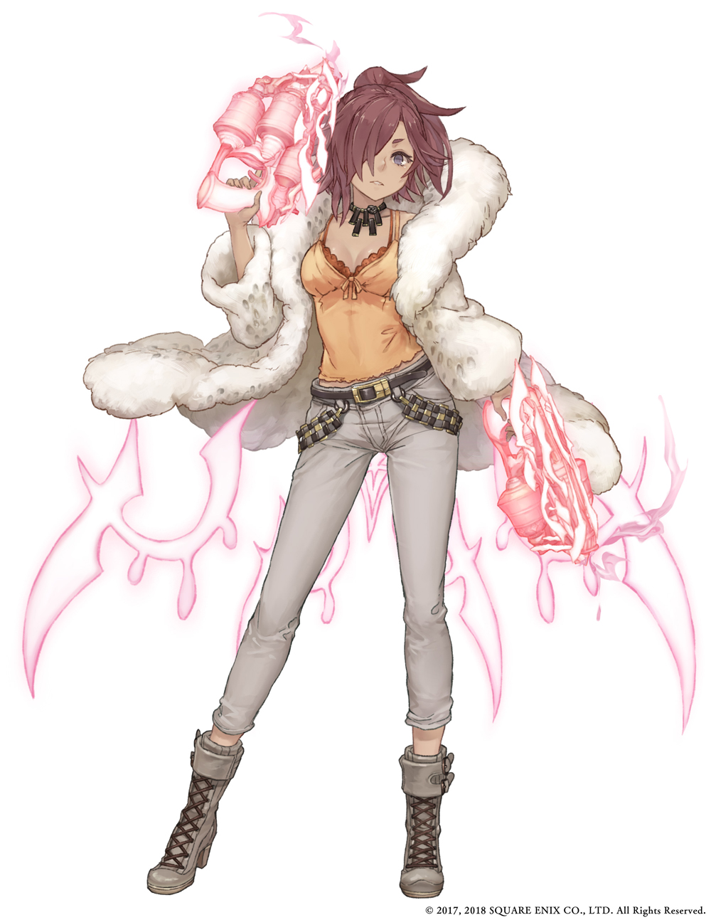 1girl belt blue_eyes boots choker cinderella_(sinoalice) contemporary contrapposto dark_skin dual_wielding energy_gun full_body fur_coat hair_over_one_eye high_heel_boots high_heels highres jino looking_at_viewer official_art pants redhead sinoalice solo tied_hair trigger_discipline weapon white_background