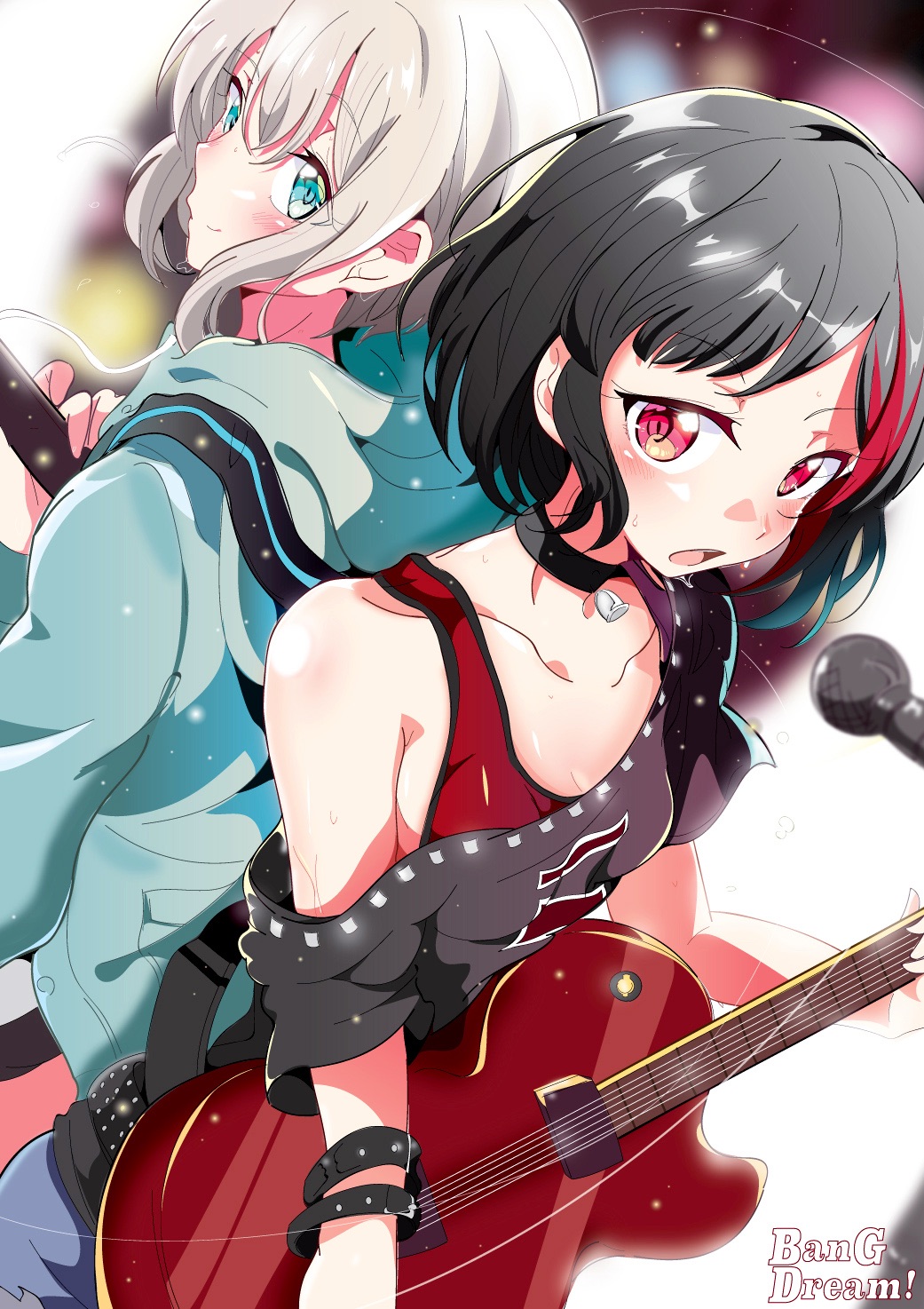 2girls :o aloe_(kenkou3733) aoba_moka aqua_jacket back-to-back bang_dream! bangs bell bell_choker belt black_choker black_hair black_shirt blue_eyes bracelet choker copyright_name dripping electric_guitar flying_sweatdrops grey_hair guitar highres holding holding_instrument hood hood_down hooded_jacket instrument jacket jewelry long_sleeves looking_at_viewer looking_back microphone mitake_ran multicolored_hair multiple_girls off-shoulder_shirt print_shirt red_eyes red_tank_top redhead shirt short_hair short_sleeves smile streaked_hair studded_belt sweat