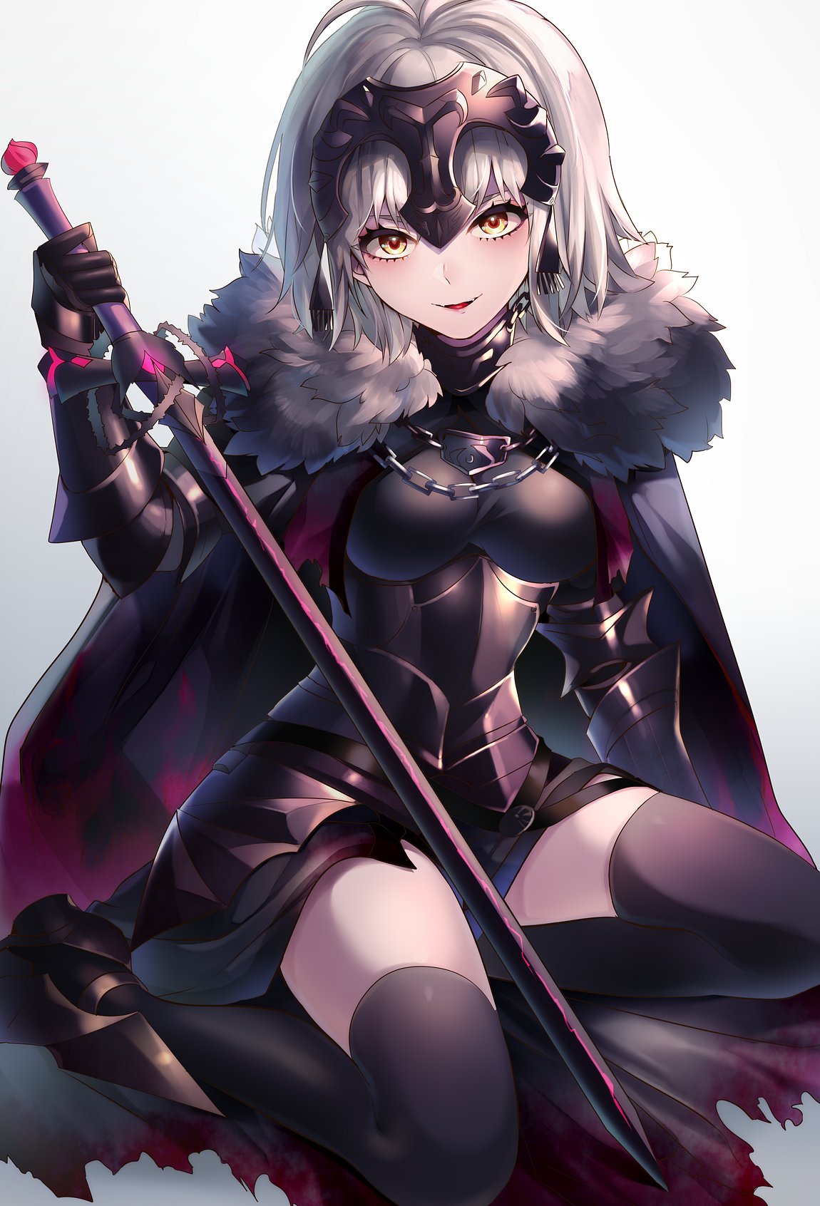 1girl armor armored_dress black_dress breasts chains dress fate/grand_order fate_(series) fur_trim gauntlets headpiece highres holding holding_sword holding_weapon jeanne_d'arc_(alter)_(fate) jeanne_d'arc_(fate)_(all) neko-san_(dim.dream) open_mouth seiza silver_hair sitting sword thigh-highs weapon yellow_eyes