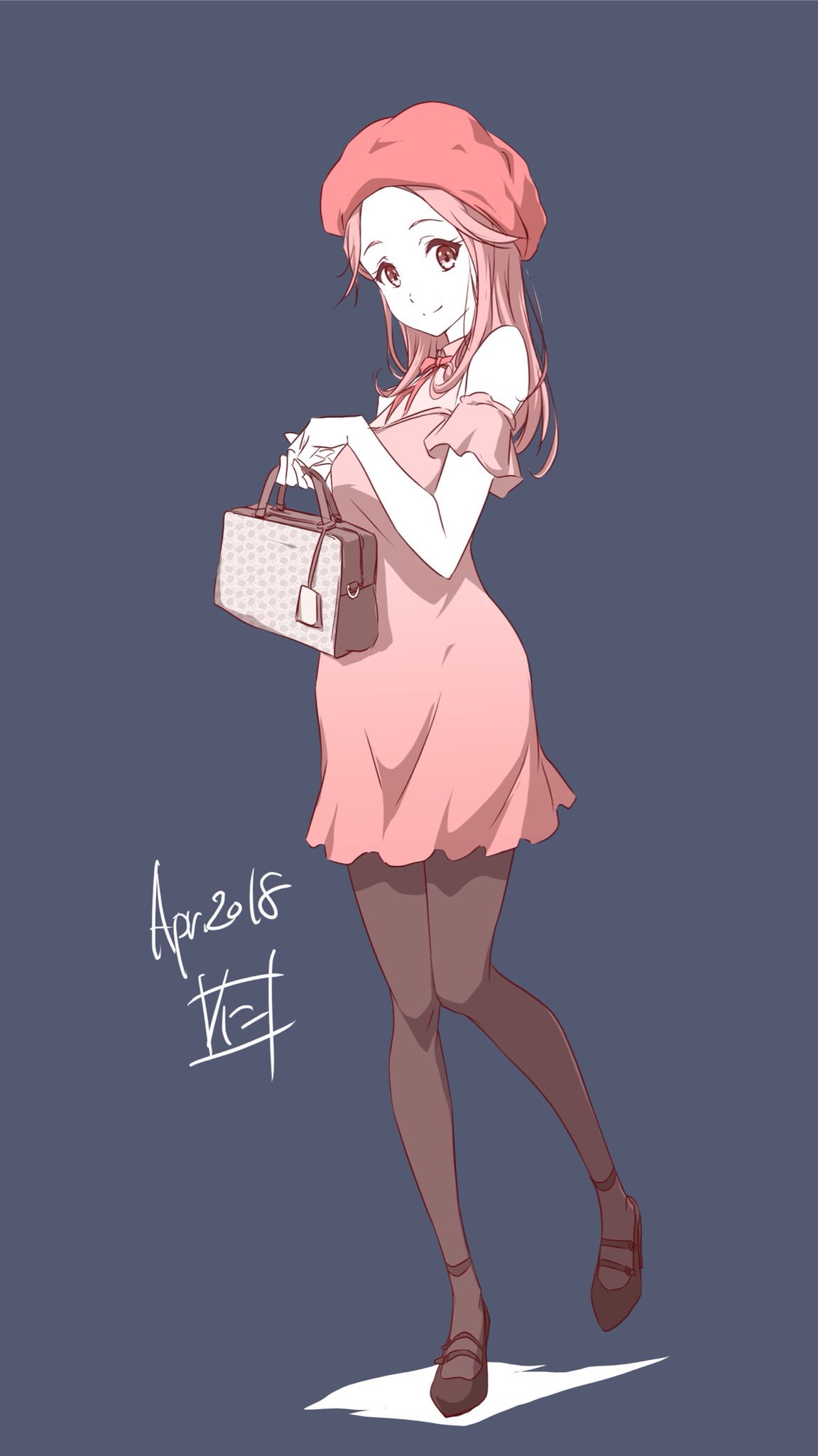 1girl 2018 arm_strap brown_eyes brown_hair brown_legwear dated dress full_body grey_background hat highres long_hair looking_at_viewer neck_ribbon nii_manabu original pantyhose pink_dress pink_ribbon red_hat ribbon short_dress signature simple_background sleeveless sleeveless_dress smile solo standing