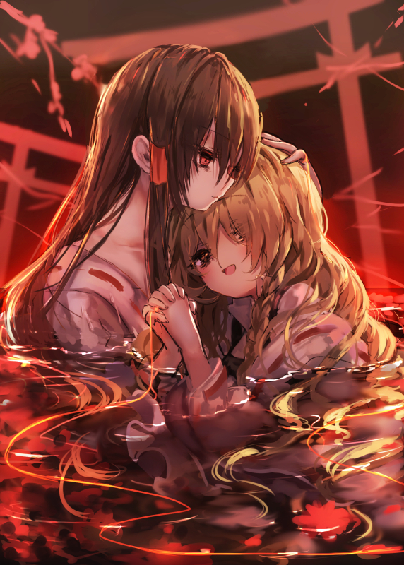 2girls :d bangs blonde_hair blush brown_eyes brown_hair closed_mouth collarbone commentary_request eyebrows_visible_through_hair flower hair_between_eyes hair_tubes hakurei_reimu hand_holding hand_on_another's_head interlocked_fingers japanese_clothes kimono kirisame_marisa long_hair multiple_girls off_shoulder open_mouth partially_submerged piyokichi red_eyes red_flower red_string ribbon_trim smile string torii touhou very_long_hair water white_kimono