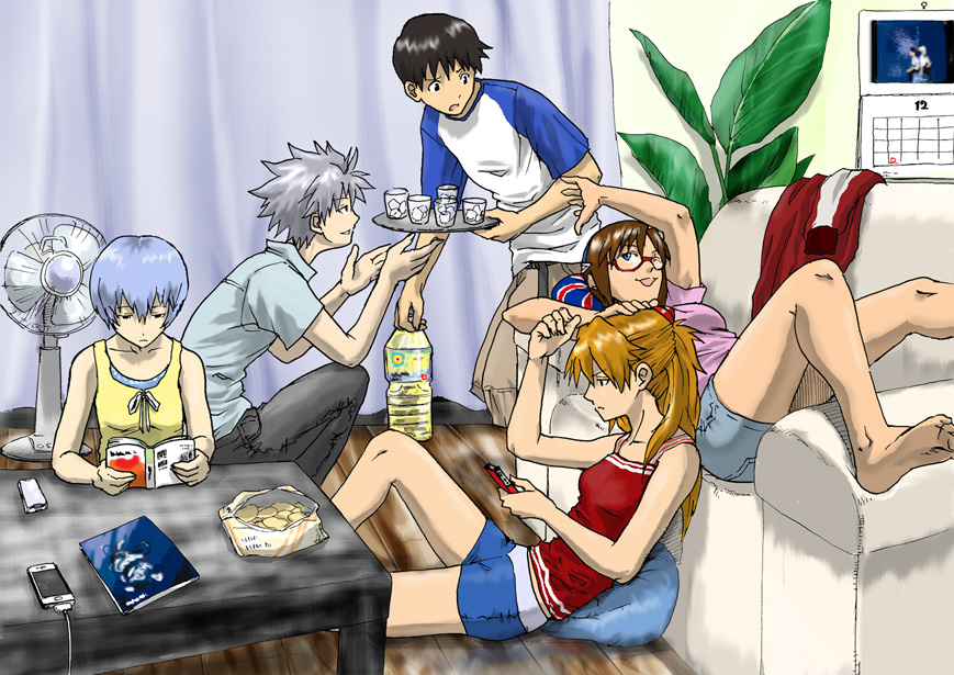 2boys 3girls :3 ayanami_rei barefoot black_hair blue_eyes blue_hair blue_shorts brown_hair calendar_(object) cellphone chips commentary_request couch curtains fan food glass glasses hand_on_another's_head ice ice_cube ikari_shinji iphone lying makinami_mari_illustrious multiple_boys multiple_girls nagisa_kaworu neon_genesis_evangelion on_back phone plant potato_chips profile raglan_sleeves reading red-framed_eyewear semi-rimless_eyewear shirt short_shorts short_sleeves shorts silver_hair sleeveless smartphone souryuu_asuka_langley suimame t-shirt table tray two_side_up under-rim_eyewear