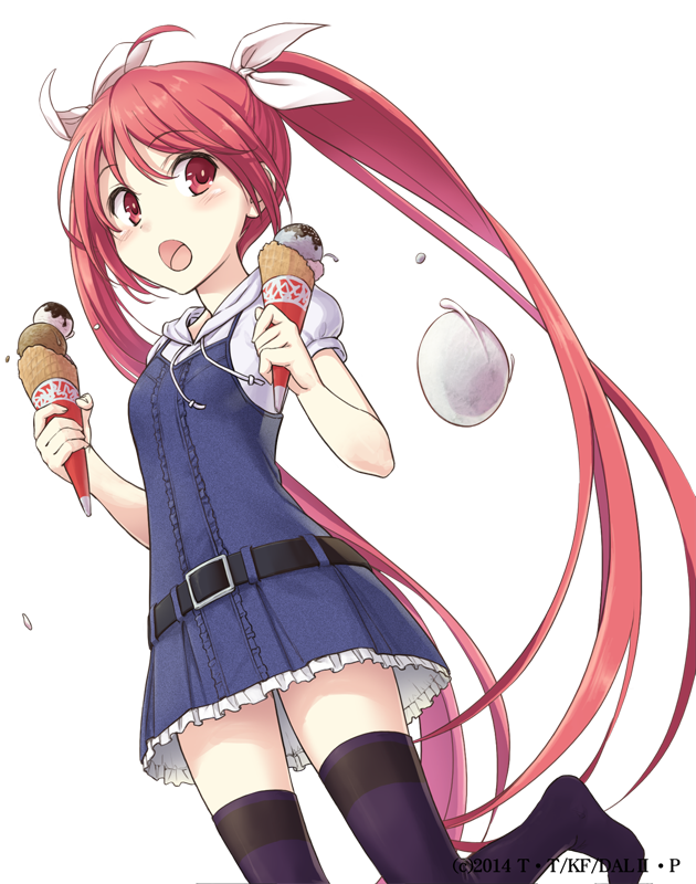 1girl ahoge belt blue_dress blush casual date_a_live dress dutch_angle eyebrows_visible_through_hair floating_hair food frilled_dress frills grey_sweater hair_between_eyes hair_ribbon holding holding_food ice_cream itsuka_kotori konoe_(fogtracks) long_hair looking_away one_leg_raised open_mouth purple_legwear red_eyes redhead ribbon short_dress short_sleeves solo standing standing_on_one_leg sweater thigh-highs transparent_background twintails very_long_hair white_ribbon